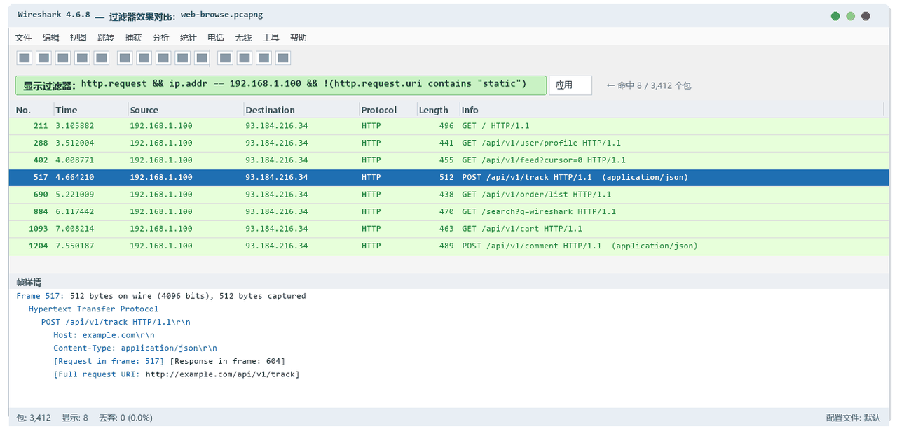 Wireshark 显示过滤器组合示例：http.request 与 ip.addr 精准过滤