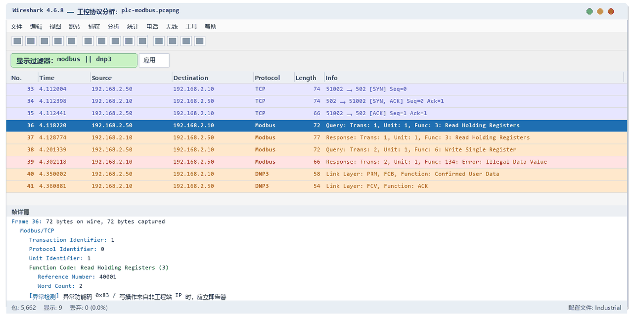 Wireshark 分析 Modbus TCP 功能码与 DNP3 工控协议报文