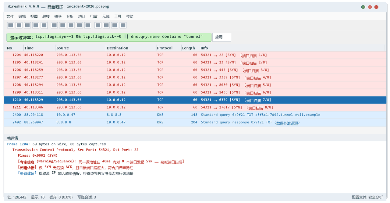 Wireshark 网络取证：识别端口扫描与 DNS 隧道流量